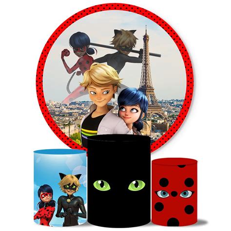 Trio Capa Cilindro Painel Tema Cat Noir Lady Bug Veste F Cil