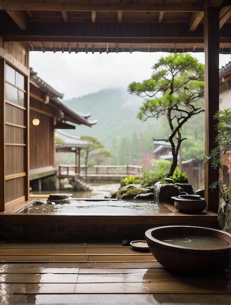 Japanese Onsen Wabi Sabi Style Interior Premium Ai Generated Image