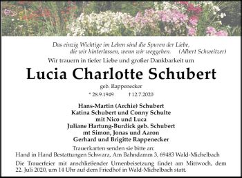 Traueranzeigen Von Lucia Charlotte Schubert Trauerportal Ihrer