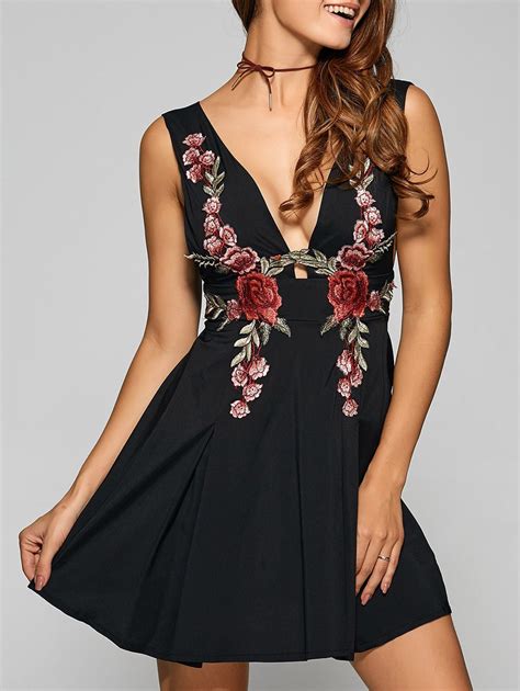 Black M Backless Embroidered Low Cut A Line Party Dress Rosegal