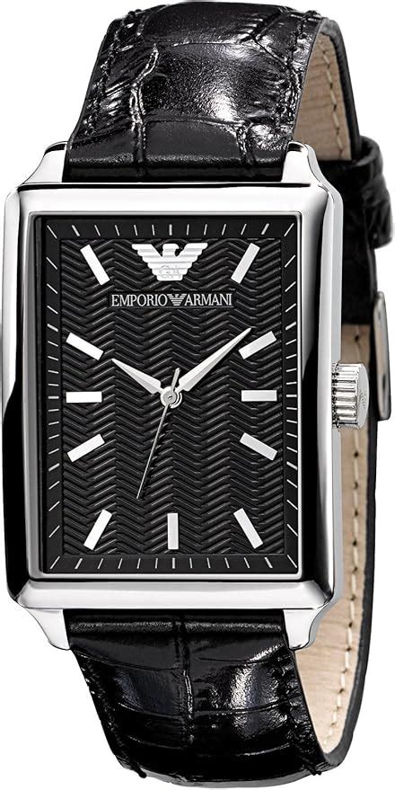 Emporio Armani Gents Rectangular Case Black Dial Black Leather Strap