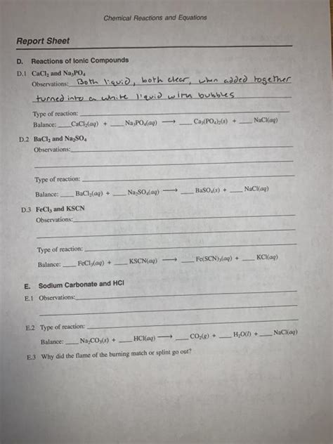 Solved Chemical Reactions And Equations Report Sheet D Chegg