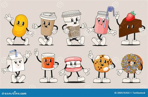 Retro Cartoon Food And Drink Funny Groovy Characters Of Drinks