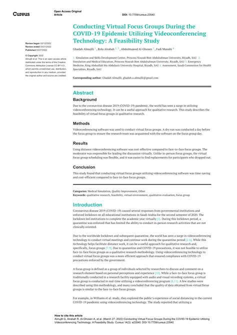 Pdf Conducting Virtual Focus Groups During The Covid 19 Epidemic