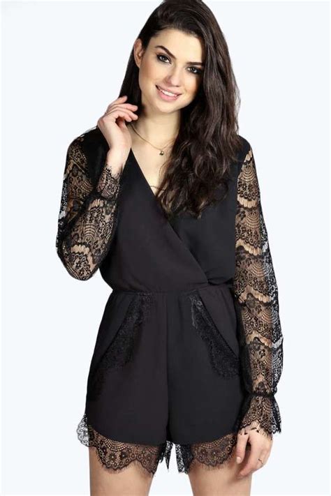 Boohoo Ellie Eyelash Longsleeved Laced Playsuit Lace Playsuit Black Playsuit Black Lace Playsuit