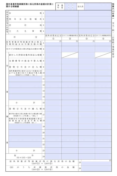 入力用PDF 別表六 二 付表一 国外事業所等帰属所得に係る所得の金額の計算に関する明細書 令和5年4月1日以後終了事業年度分