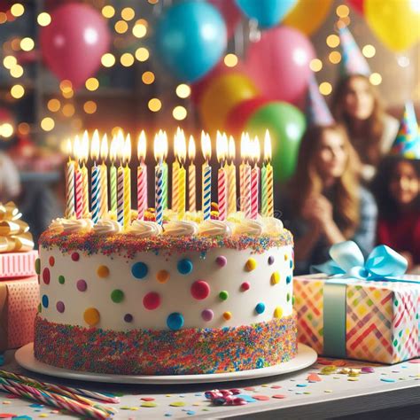 The Image Depicts A Vibrant Birthday Scene With A Colorful Cake Lit