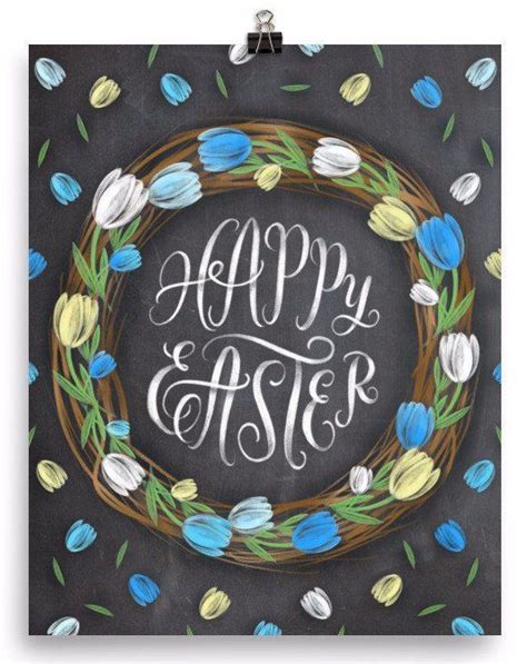 Blue Happy Easter Chalkboard Art Print Chalkboard Easter Art Easter