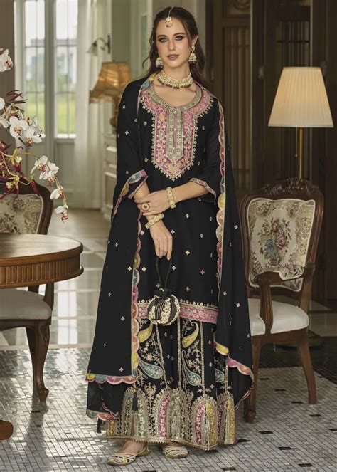 Embroidered Black Chinon Silk Sharara Suit Urban Womania