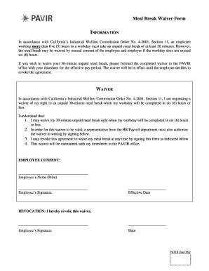 California Meal Break Waiver Form 2019 Pdf Fill And Sign Printable