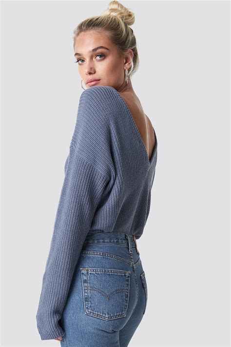 Knitted Deep V Neck Sweater Bleu Na Kd Fr