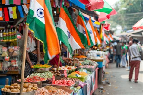 Indian Independence Day Food Market With Stalls Selling Flags Badges