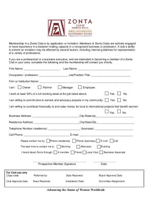 Fillable Online Membership Application Form Zonta International Fax