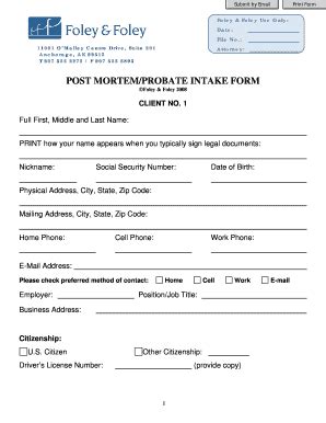 Fillable Online Post Mortem Probate Intake Form Foley Foley Fax