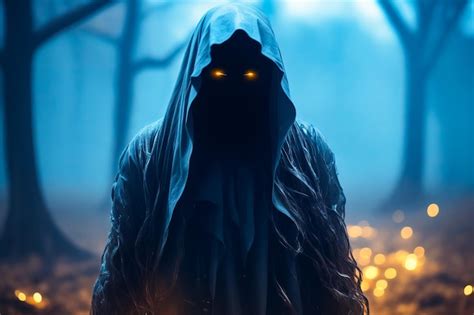 Premium Photo Hooded Figure With Glowing Eyes And Hooded Cloak Over