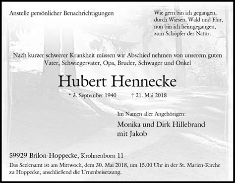 Traueranzeigen Von Hubert Hennecke Trauer In Nrw De