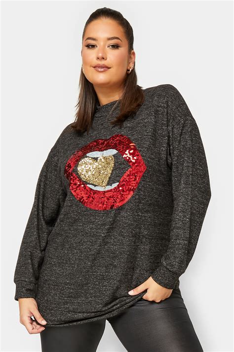 Curve Plus Size Charcoal Grey Glitter Lips Print Soft Touch Long Sleeve