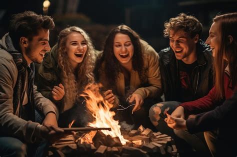 Premium Photo Group Of People Sitting Around Campfire Enjoying