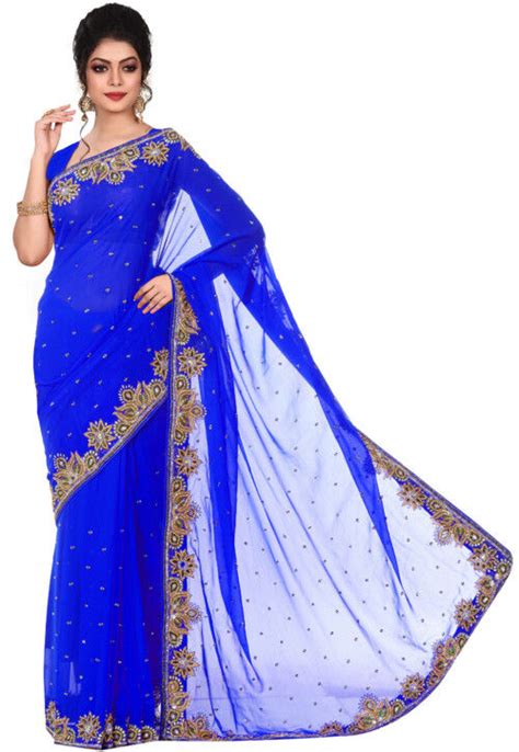 Buy Hand Embroidered Georgette Saree In Royal Blue Online SEH4245