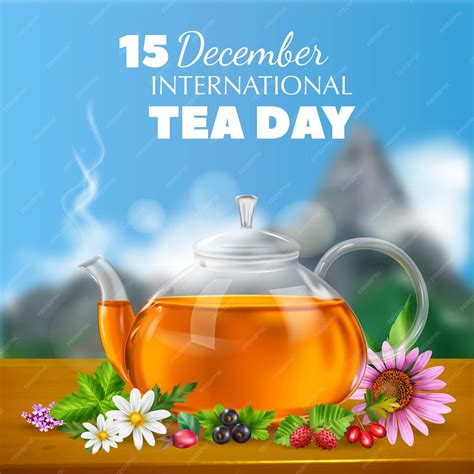 Premium Vector International Tea Day Poster With Glass Teapost Herbs