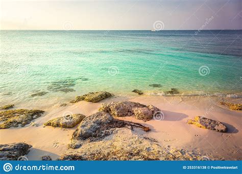 Idyllic And Translucent Caribbean Beach At Sunny Day In Aruba Stock