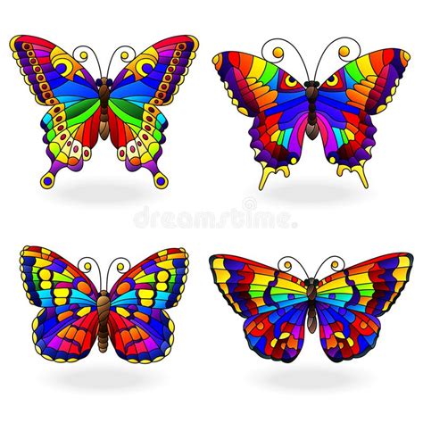 Stained Glass Set With Rainbow Butterflies In Stained Glass Style Isolated On White Background