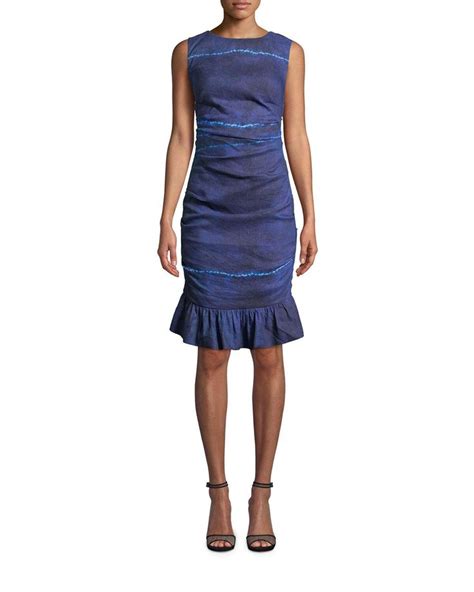 Nicole Miller Lauren Ruched Dress In Shibori Striped Stretch Linen