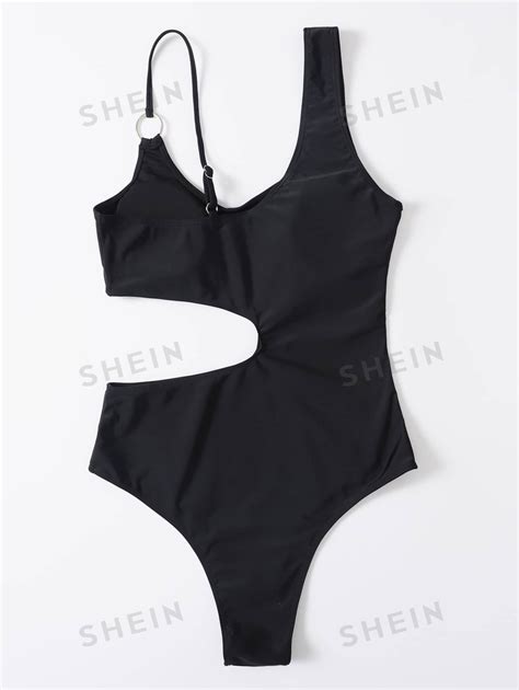 SHEIN Swim Summer Beach Plain Cut Out Ring Linked One Piece Swimsuit