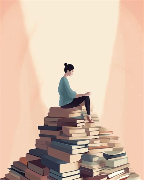 Mujer sentada y meditando en un montón de libros copia espacio creado