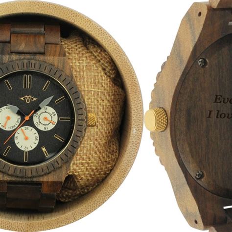 Engraved Dark Sandal Wood Mens Watch With Green Etsy