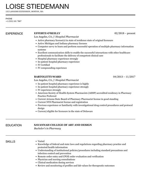 Hospital Pharmacist Resume Susangainer Blog