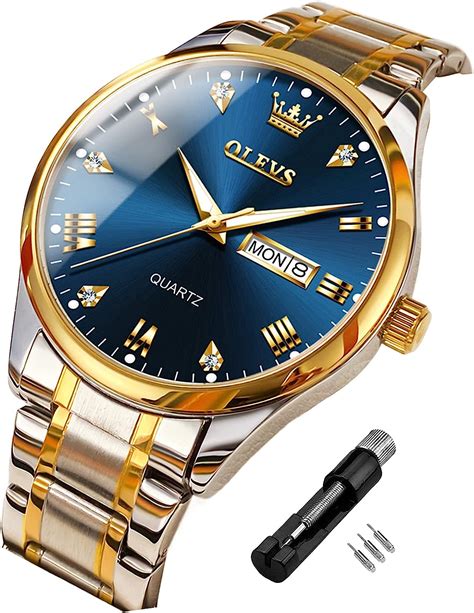 OLEVS Herrenuhren Gold Blau Edelstahl Quarz Uhr Männer mit Diamant