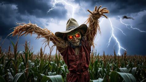 Sinister Scarecrow With Glowing Red Eyes In A Cornfield AI Generation