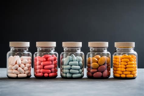 Fotografía De Frascos Con Diferentes Pastillas Sobre Fondo Gris Foto