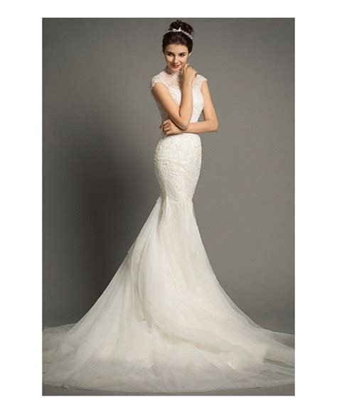 Elegant Mermaid High Neck Court Train Lace Tulle Wedding Dress With Cap