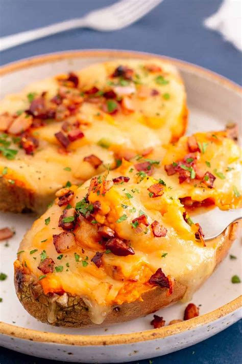 Twice Baked Sweet Potato With Bacon And Cheese The Yummy Bowl