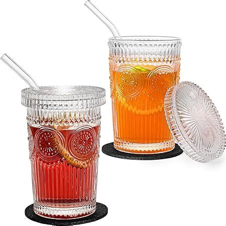 Amazon Ribbed Glass Tumblers With Lids Straws Vintage Iced