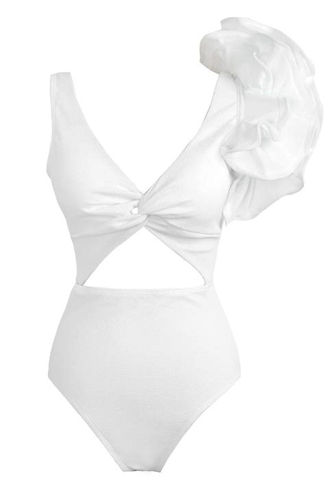 White Textured Ruffled Twisted Cut Out One Piece Swimsuit Shopperboard