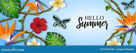 Hola Pancarta De Verano Con Flores Tropicales Hojas Y Mariposas