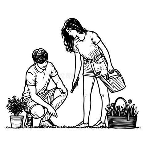 Woman Watering Drawing Plant Stock Illustrations 410 Woman Watering