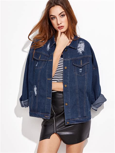 Ripped Dropped Shoulder Denim Jacket Sheinsheinside