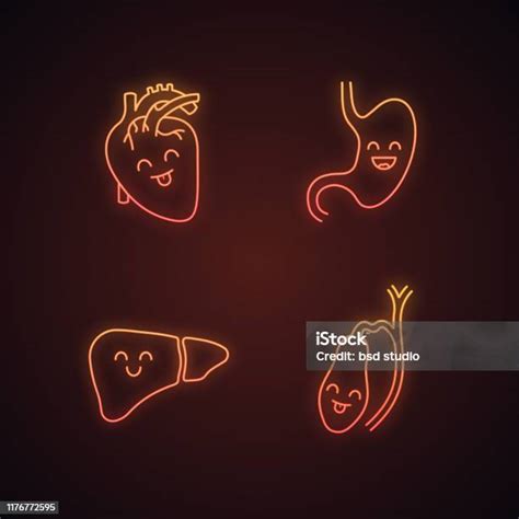 Smiling Human Internal Organs Neon Light Icons Set Stock Illustration