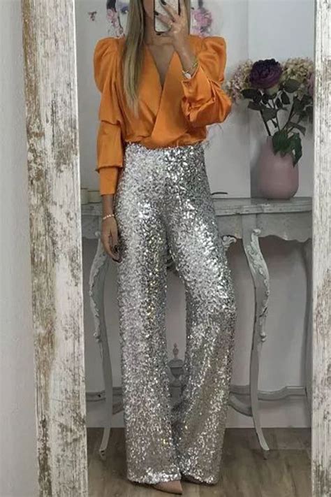 Glitzy Glamour Sequin High Rise Elastic Waist Wide Leg Pants Sequin