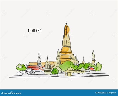 Thai Culture Concept With Han Draw Sketch Temple Landscape Sketch