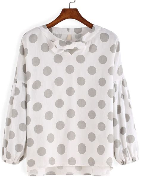 Grey White Knotted Collar Polkadots Polka Dot Blouse Grey Long Sleeve