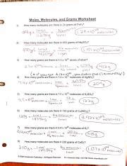 Moles Molecules And Grams M Molesi Molecules And Grams Worksheet