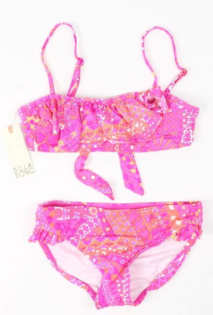 New 121 Billabong Girls Pink Printed Ruffled Two Piece Bikini