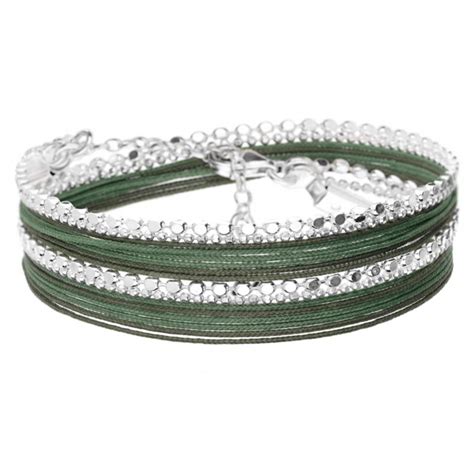 Bracelet Tours Oslo Argent Cordons Vert Kaki Cha Nes Diamant Es