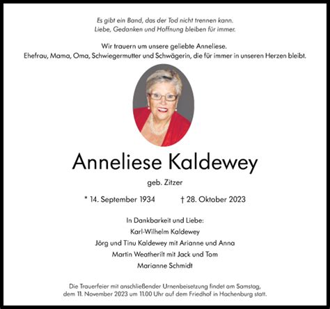 Traueranzeigen Von Anneliese Kaldewey Rz Trauer De