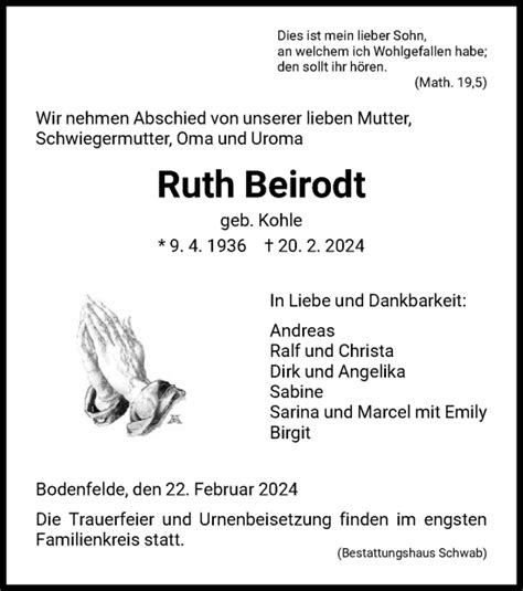 Traueranzeigen Von Ruth Beirodt Trauer Hna De